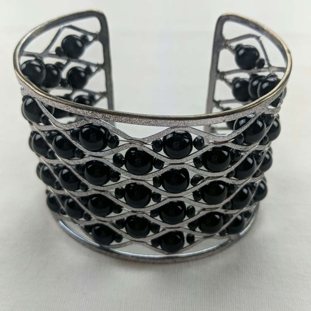 Silver black bead cuff bracelet